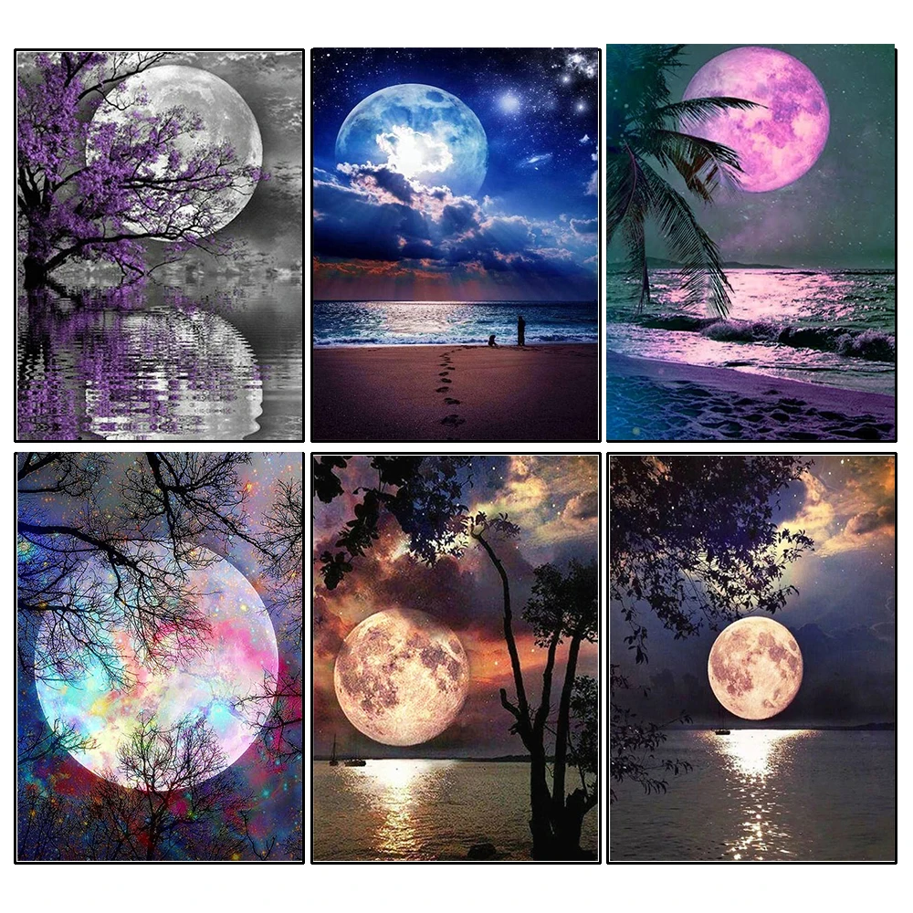 

DIY 5D Diamond Painting Landscape Moon Tree Sea Cross Stitch Kit Full Drill Embroidery Mosaic Art Picture of Rhinestones Sale