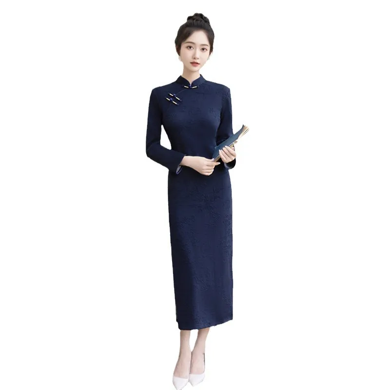 الرجعية النمط الصيني طويلة 3/4 الأكمام شيونغسام تشى باو الخريف جديد حفل زفاف الغزل مصبوغ فستان جاكار #5