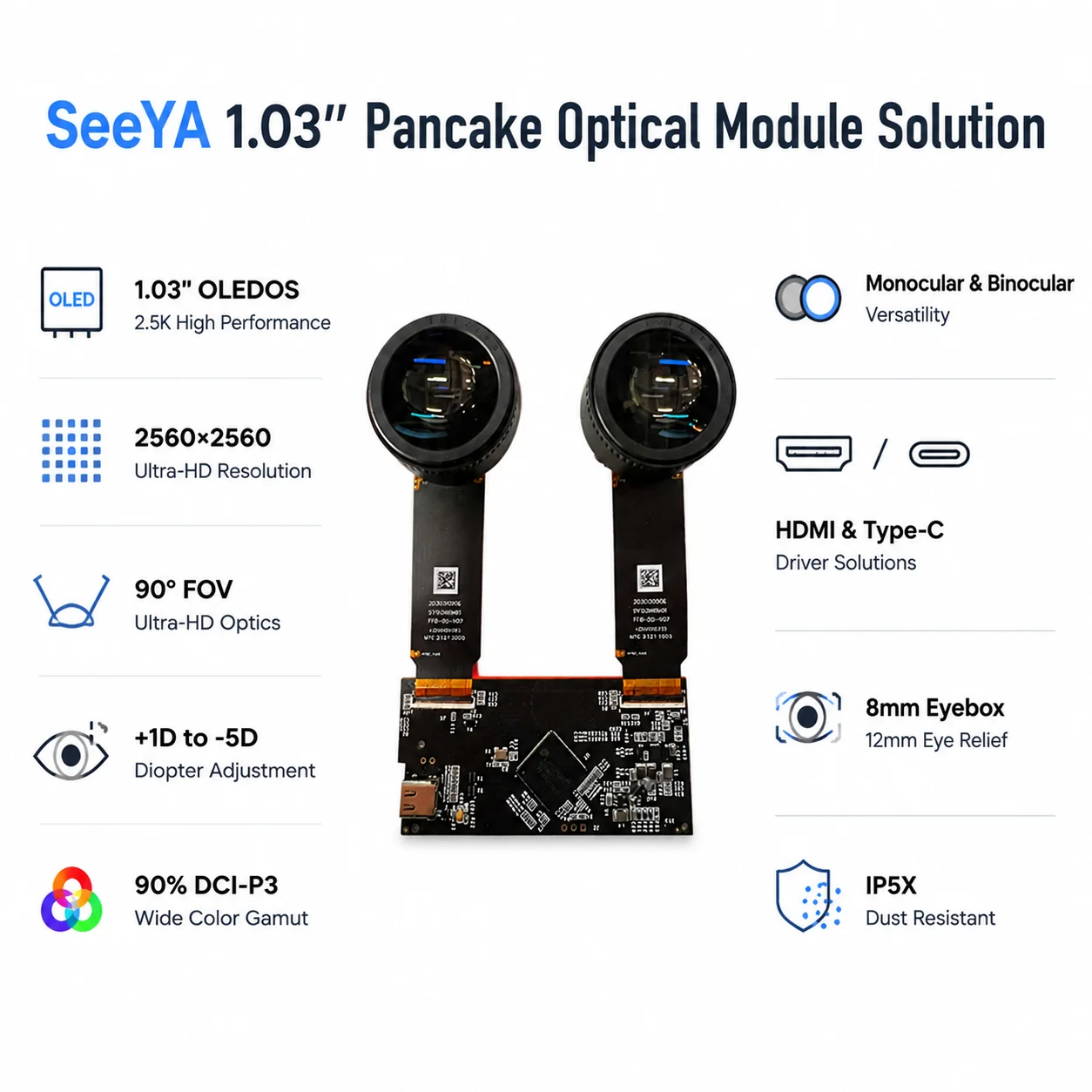 SeeYA 1.03 Inch Pancake Optics Micro OLED Module | 2.5K Resolution 90 FOV Diopter Adjustment Optical Engine For VR Headset