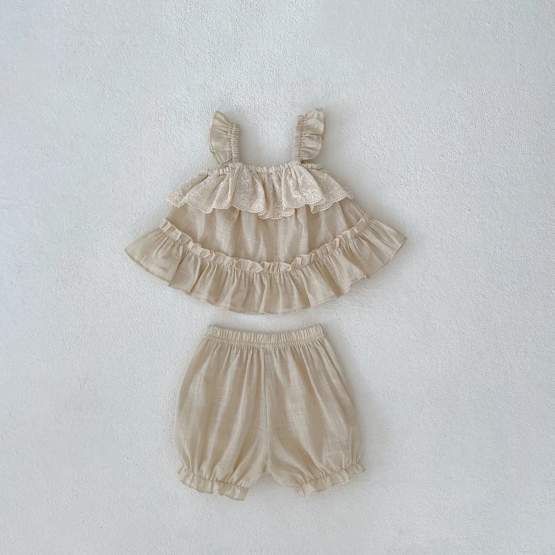 2026 Summer New Baby Clothing Set Sweet Ruffle Sleeve Camisole And Shorts 2 PCs Girls Suit Pure Color Infant Outfit 6M-3T