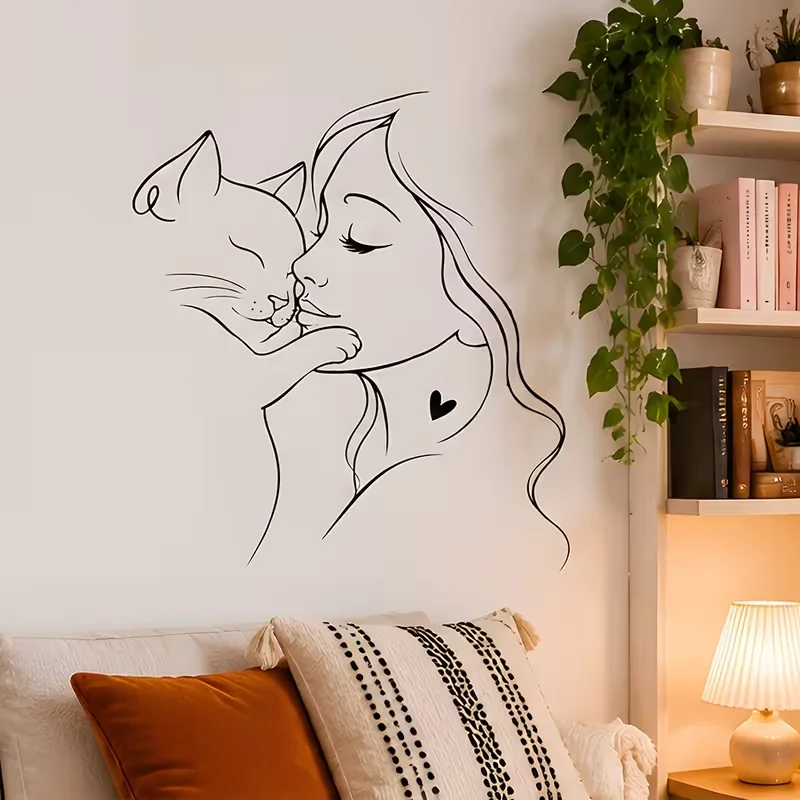 1pc Artistic Minimalist Line Wall Sticker, Female Embracing Cat Sticker, Suitable for Living Room, Bedroom And Study. Waterproof