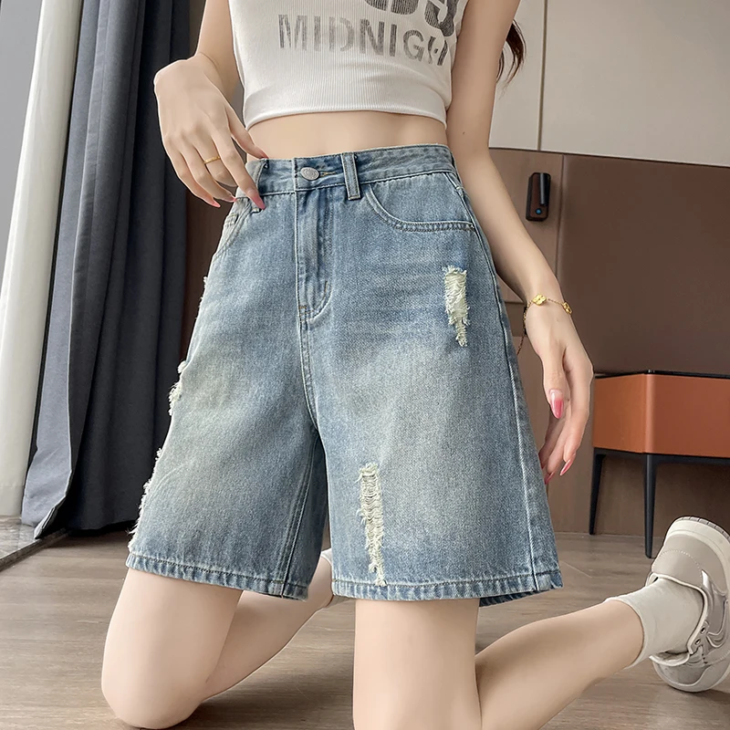 2026 Summer New Women Vintage Washed Ripped Denim Bermuda Shorts Loose Straight Five Points Casual Street Jeans
