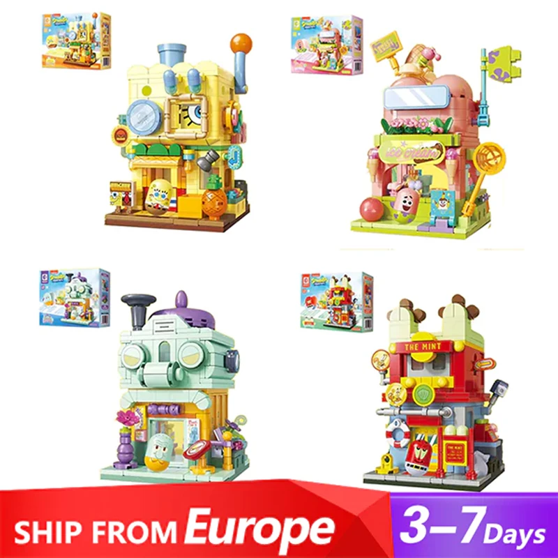 AREAX Bob Esponja SquarePants bloques de construcción ciudad vista a la calle casa de hamburguesa tienda de helados modelo ladrillos juguetes para niños regalo de Navidad