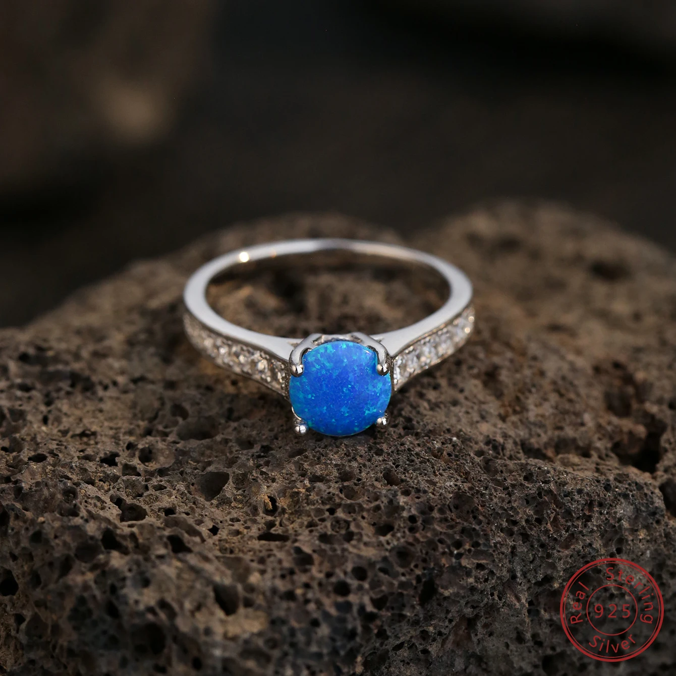 2024 New Hot selling 100% 925 Sterling Silver Women's Ring Blue Round Opal Ring Simple and Elegant Style for Daily or Wedding