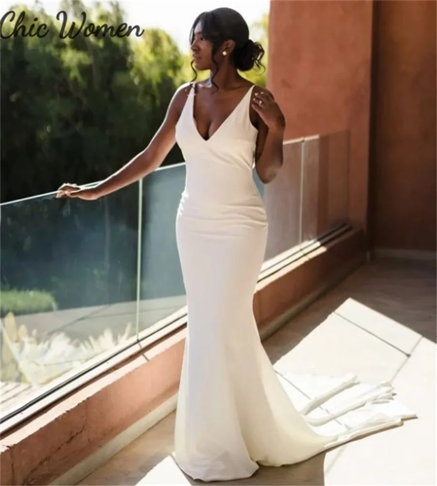 Sexy Backless Mermaid Wedding Dress 2024 Simple Nigeria African Court Civil Bride Dress V Neck Gatsby Beach Rustic Garden Bridal