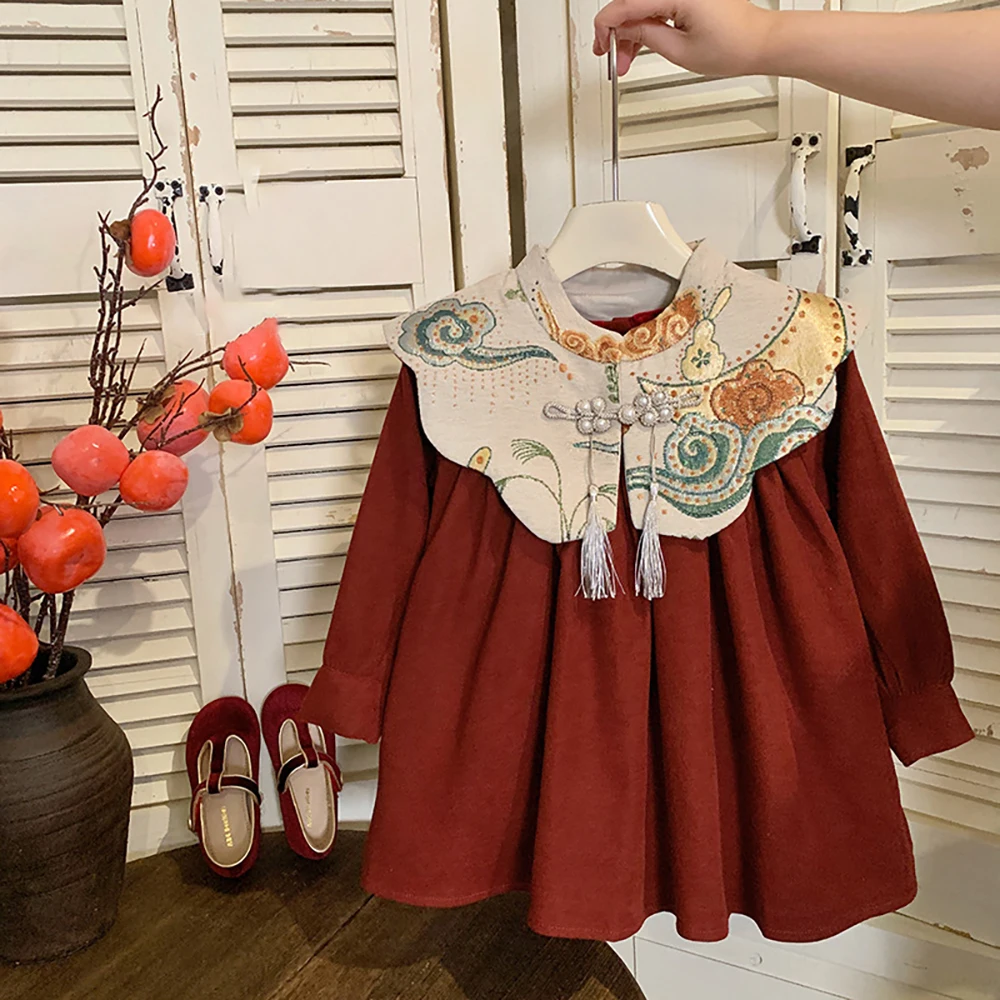 

Children's Clothes Winter Chinese Style Print Cloud Shoulder Red Princess Dress For Baby Girl Fleece-lined Dress Luxury Gift