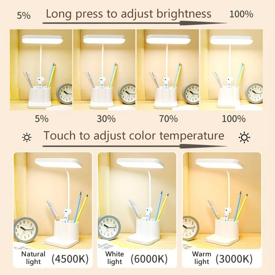 LED Desk Lamps Rechargeable Table Lamp Touch Dimmable Eye Protection Light with Pen Holder Night Light Student Reading Light