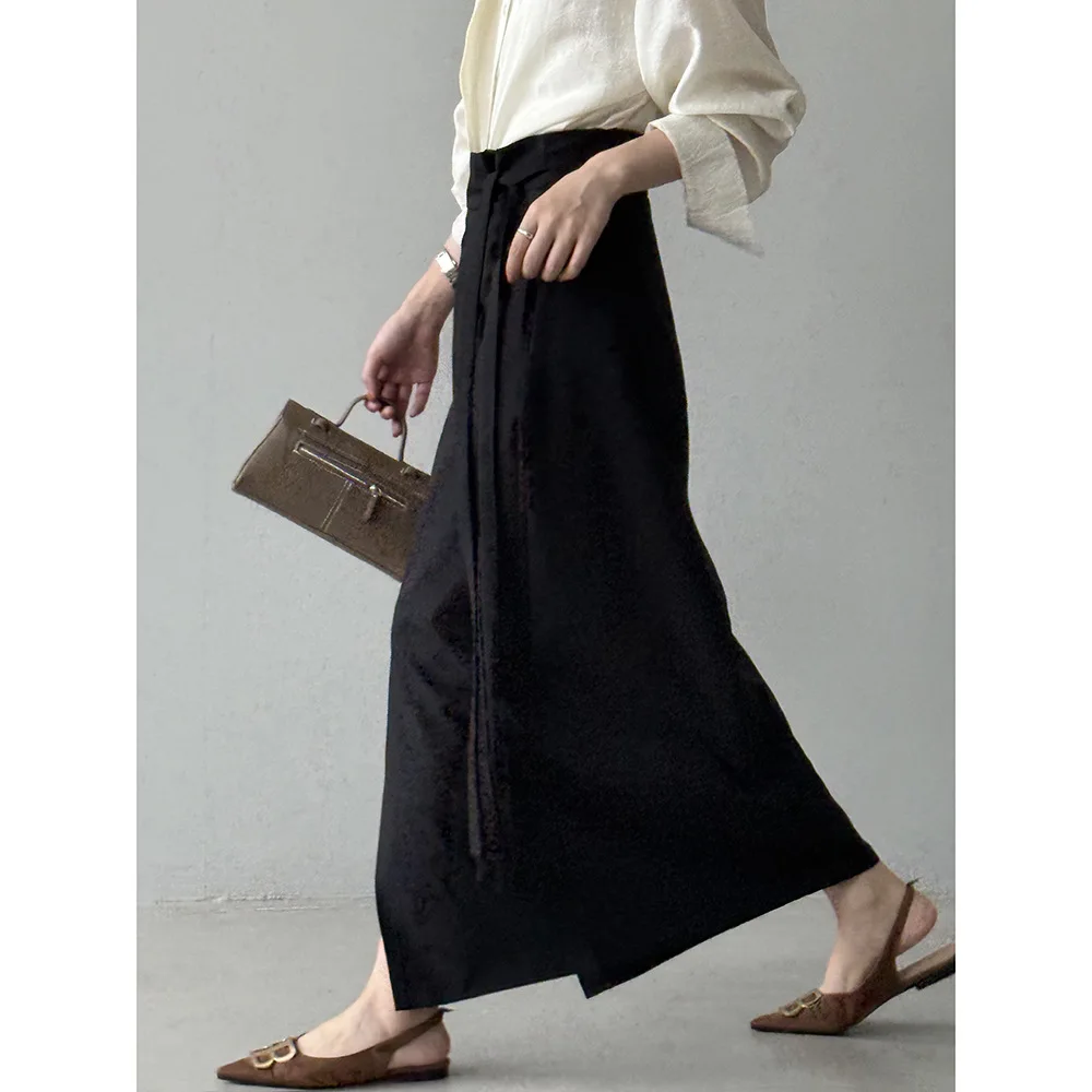 Demi-jupe de costume à nouer à la taille latérale pour femmes, sens du Design d'automne, jupe longue trapèze fendue à la taille haute