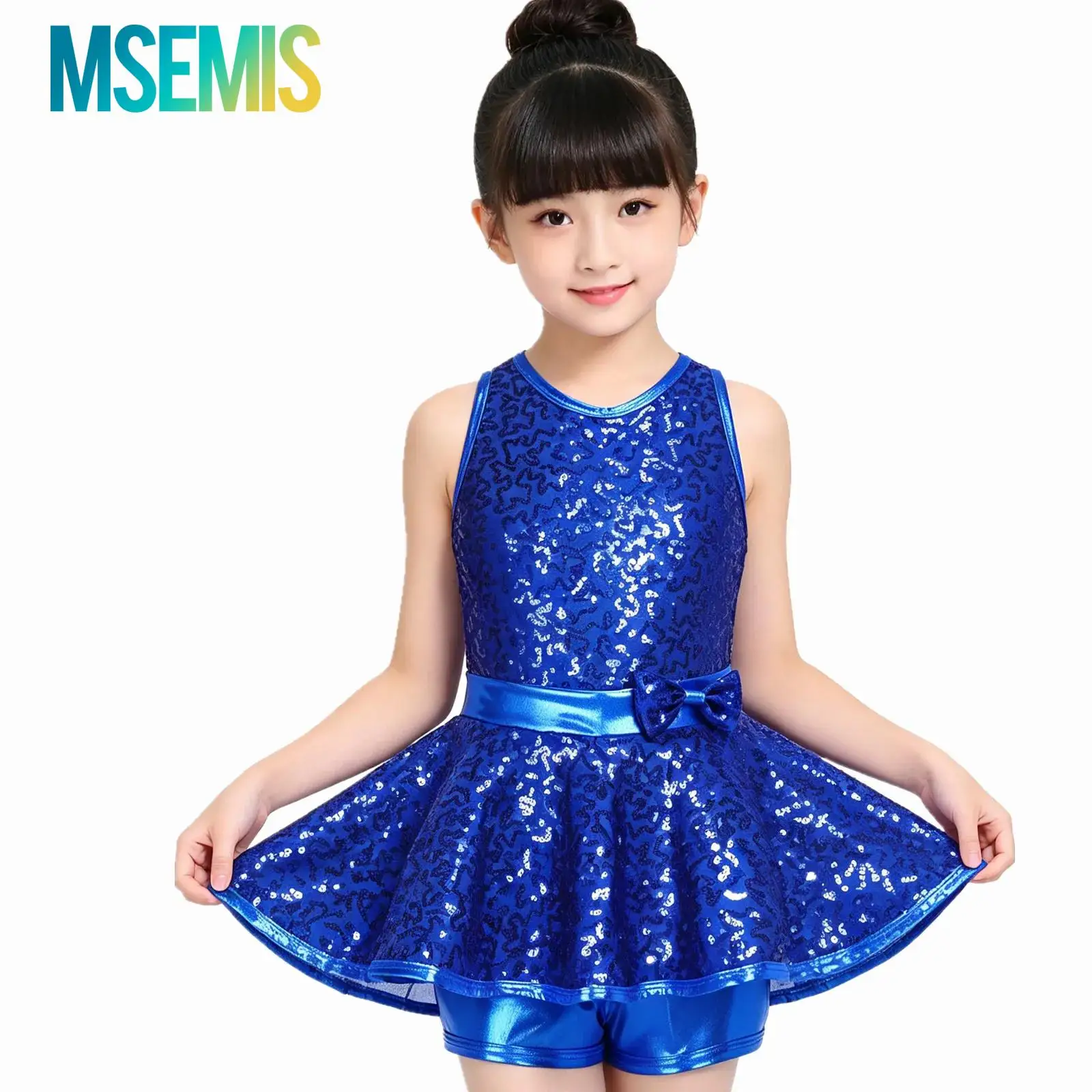 Kids Girls Jazz Modern Tap Dancewear Sequined Criss Cross Back Waist Bowknot Gymnastic Ballet Lyrical Modern Dance Leotard Dress