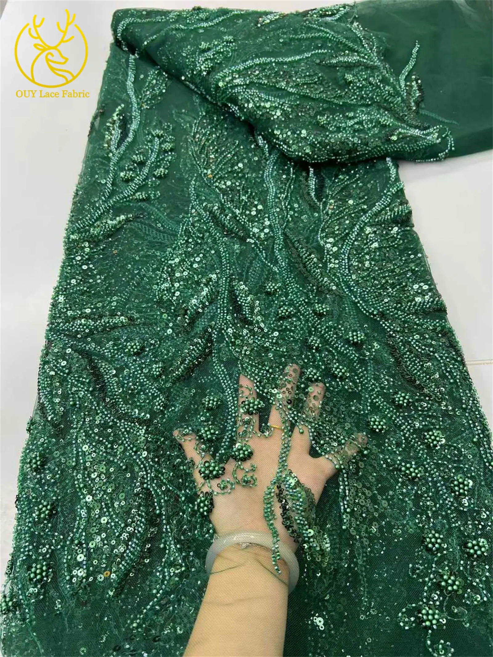 Grüner luxuriöser afrikanischer Stickerei-Pailletten-Spitzenstoff, 5 Yards, französischer Perlen-Tüll-Spitzenstoff, nigerianischer Stoff für Hochzeitskleider zum Nähen – Detail 7