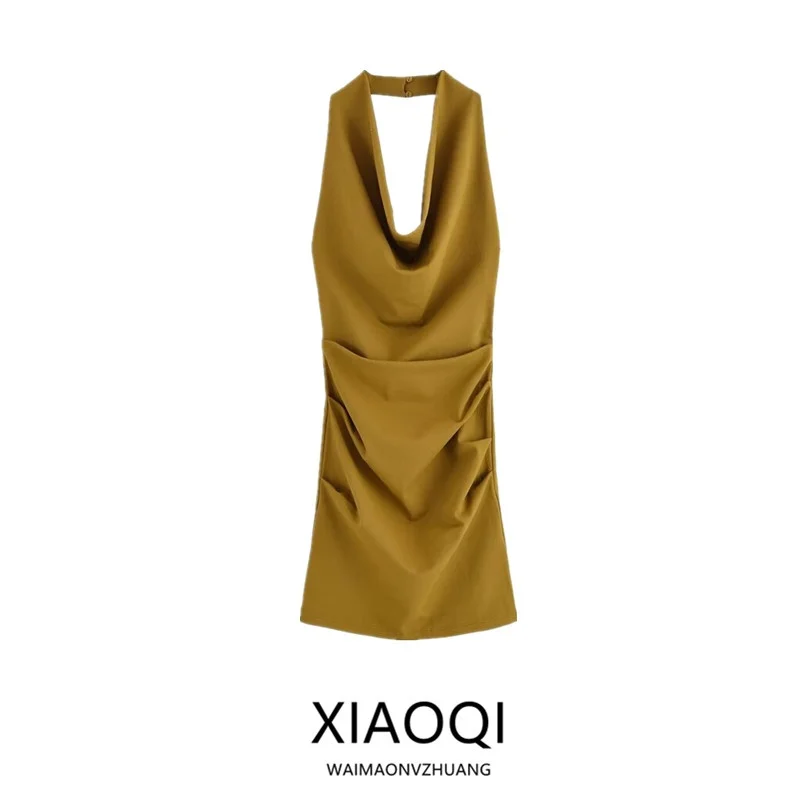 2025年夏新作 レディースワンピース クランプル ホルターネック ノースリーブ バックレス ショート丈 エレガントスタイル