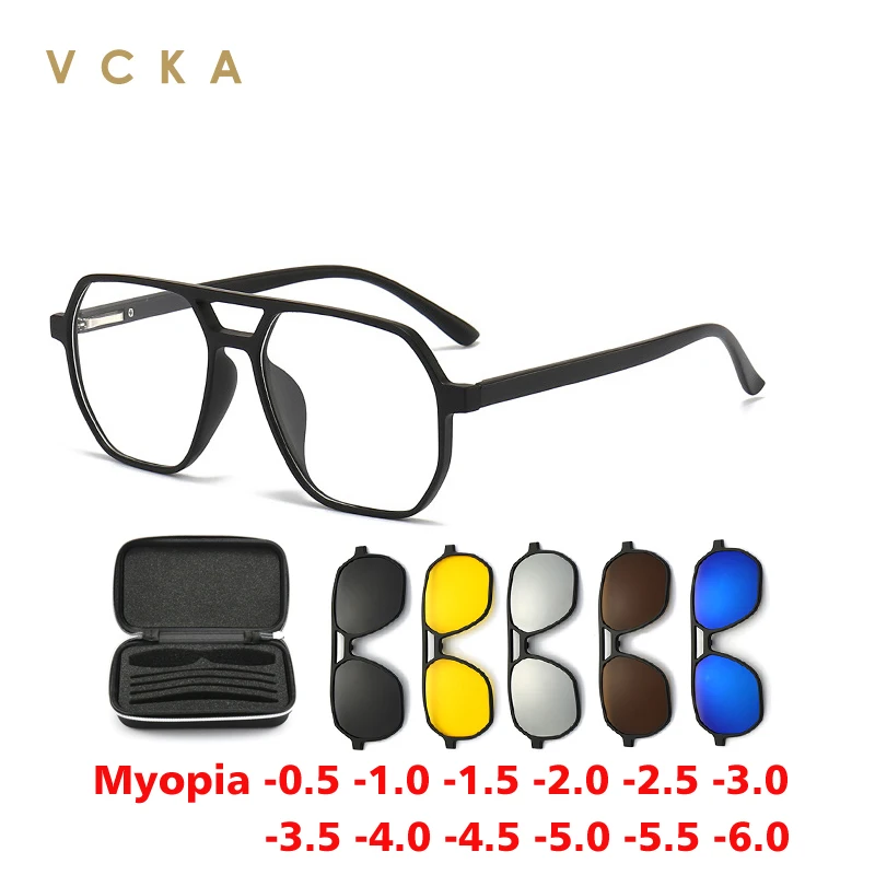 VCKA Big Frame Polarized Myopia Sunglasses 6 in 1 Prescription Magnetic Clip Men Women Glasses Custom Optical Eyewear -0.5 to-10