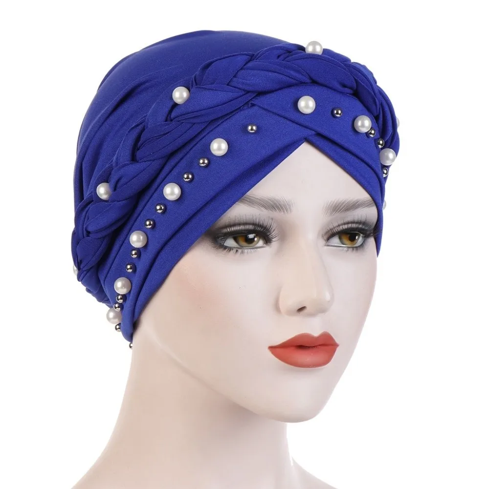 Pearl Bead Pre-Tied Twisted Hijab Lightweight Solid Color Imitation Pearl Turban Hat Adjustable Comfortable Head Scarf