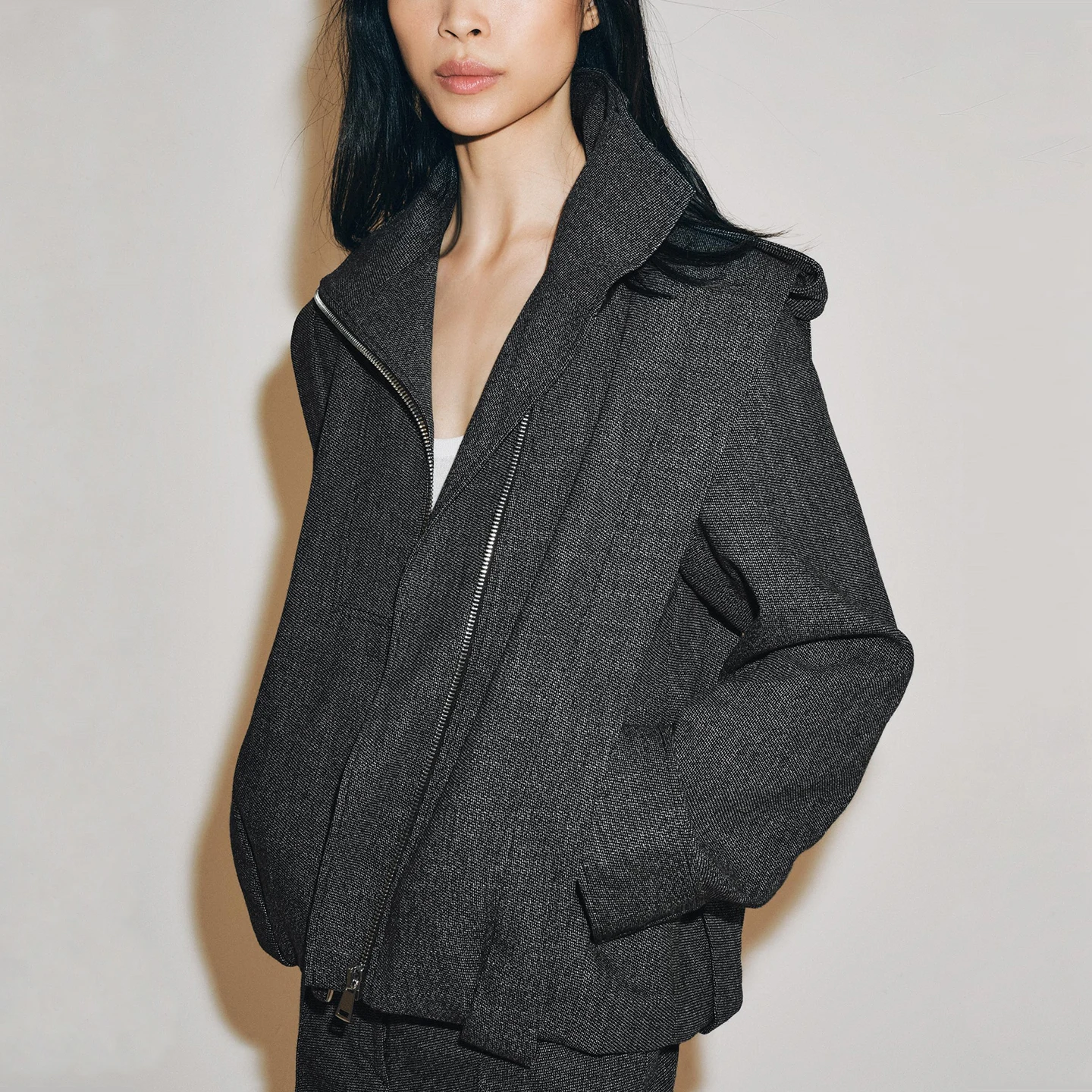 Women's Fashion Long Sleeve Stand Collar Side Zipper Jacket High Waist Wide Leg Pants Two Piece Set Autumn Season China Origin