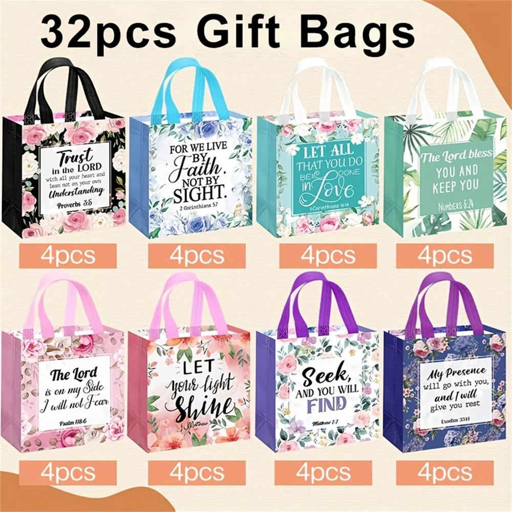 32 Piece Floral Bible Verse Tote With Handles - Reusable Fabric Gift Bags For Christian Baptisms, Weddings And Birthdays - Inspi