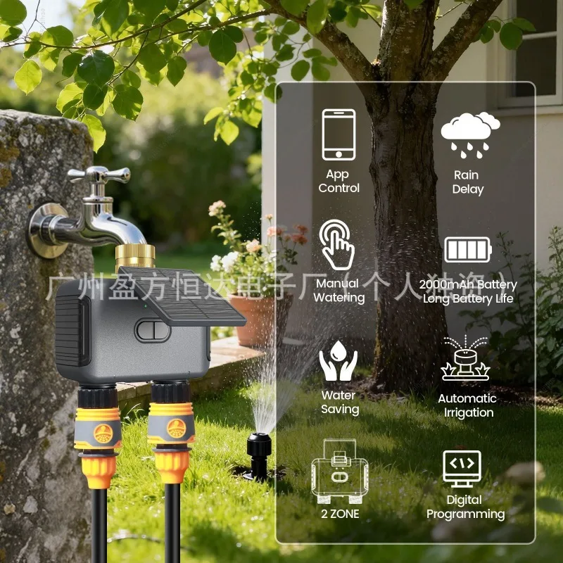 Solar WiFi Smart Irrigation Controller, Dual Outlet Water Timer for Garden Lawn Flower Watering