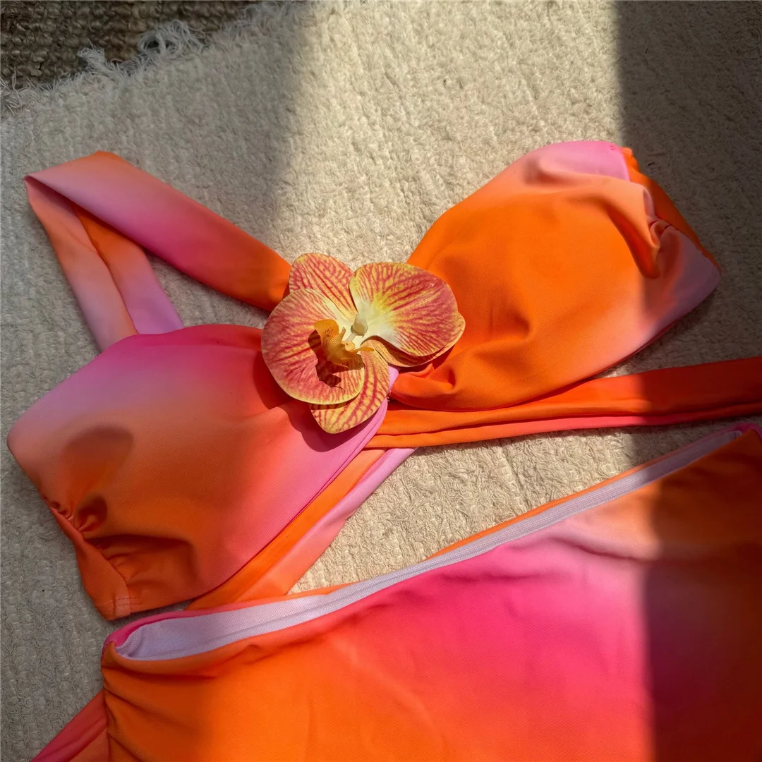 3D-Blumen-Bikini mit Batikmuster, Damen-Badeanzug, hoch geschnittener Bikini, zweiteiliges Bikini-Set, gepolsterter Badeanzug, Badebekleidung, Modell V6988. – Detail 10