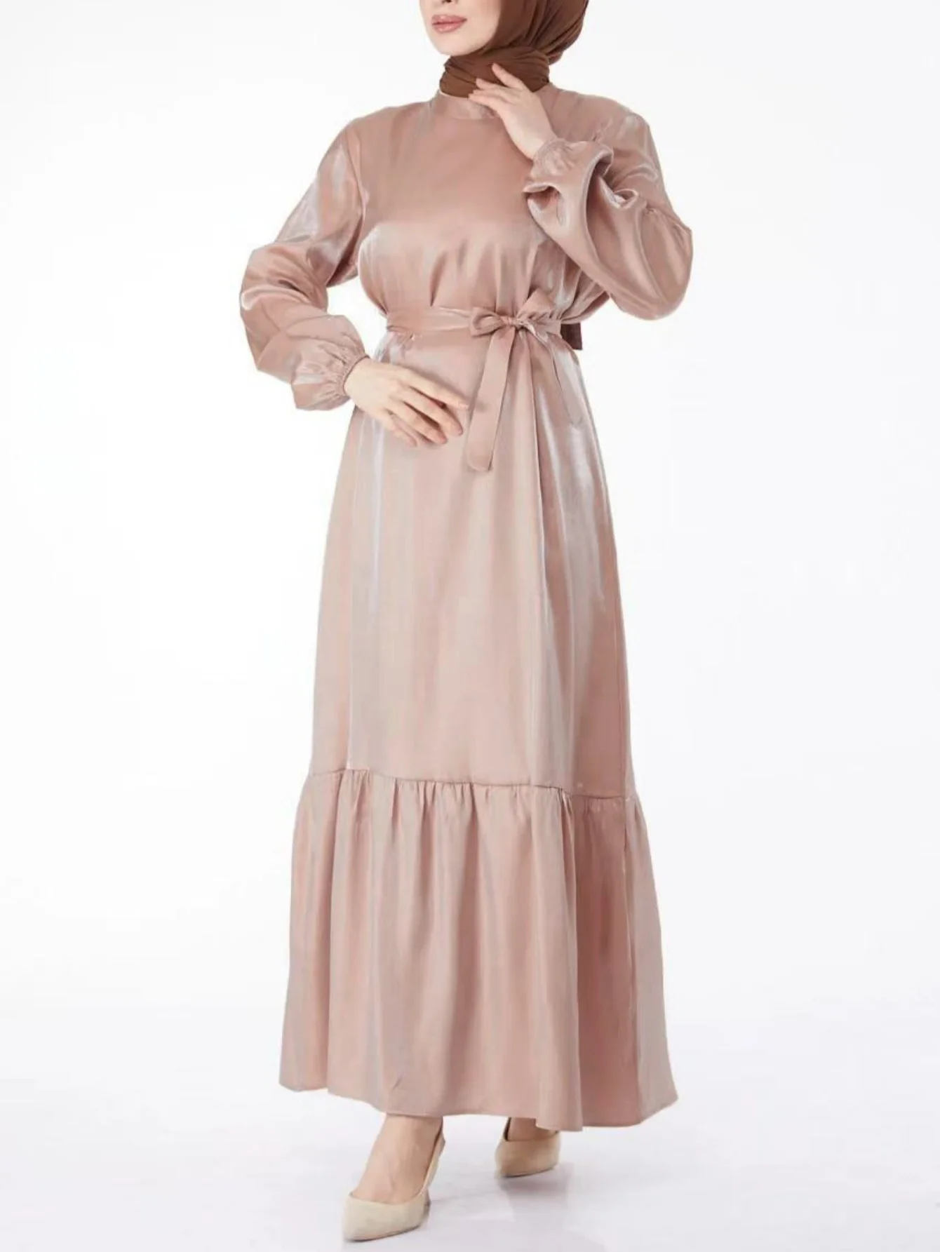 Solid color ruffled Hem Design Lace-up long-sleeved fashion dress with belt)