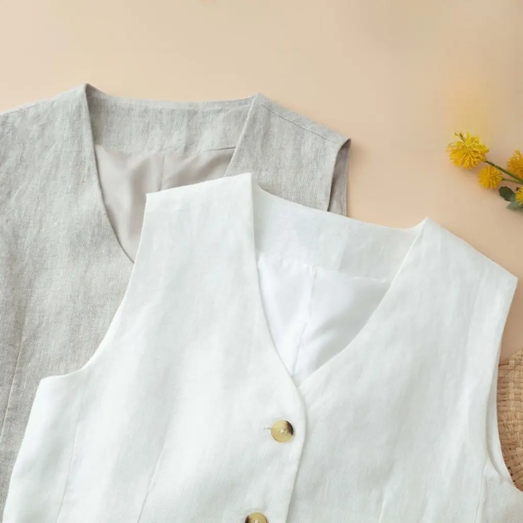 

Women's Pure Linen Vest Slim Fit Sleeveless V-Neck Waistcoat for Summer Classy Short Suit Vest
