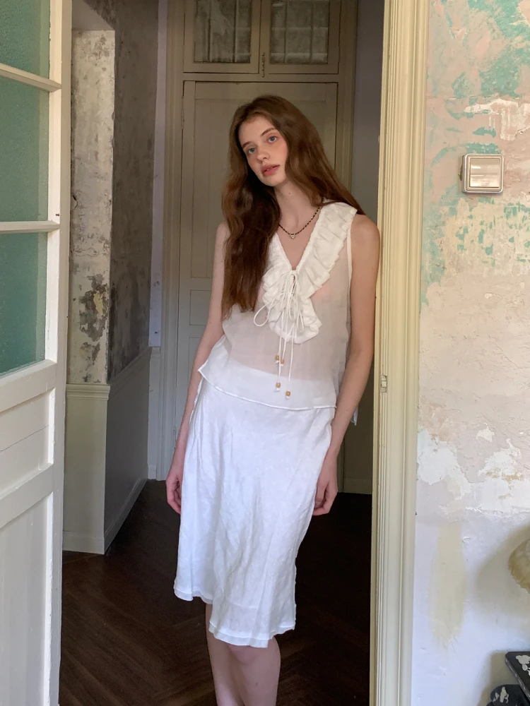 

Комплект из льняной блузки и белой юбки Zhu Premium: женский летний модный костюм для офиса, приталенный, с V-образным вырезом, тонкая модель