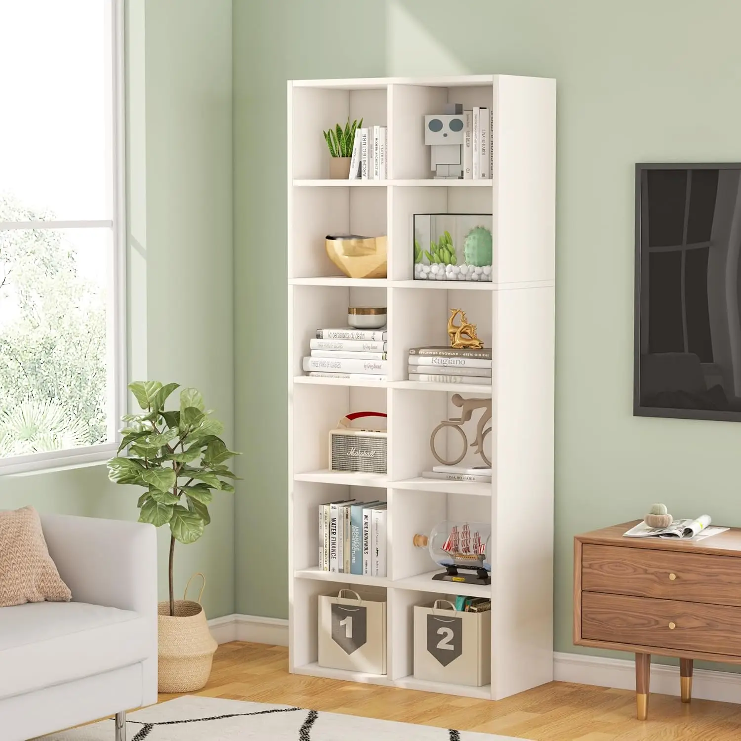 71.65 Inch Tall Cubby Bookshelf Set of 2, White Modern Bookcase with 12 Cube Storage for Home Office, Vertical or Horizontal