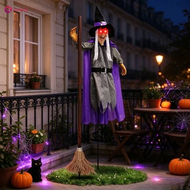 Strega che emette suoni e si illumina, decorazione di Halloween, accessorio a grandezza naturale per scene horror, ideale per case infestate e per le decorazioni di feste di Halloween.