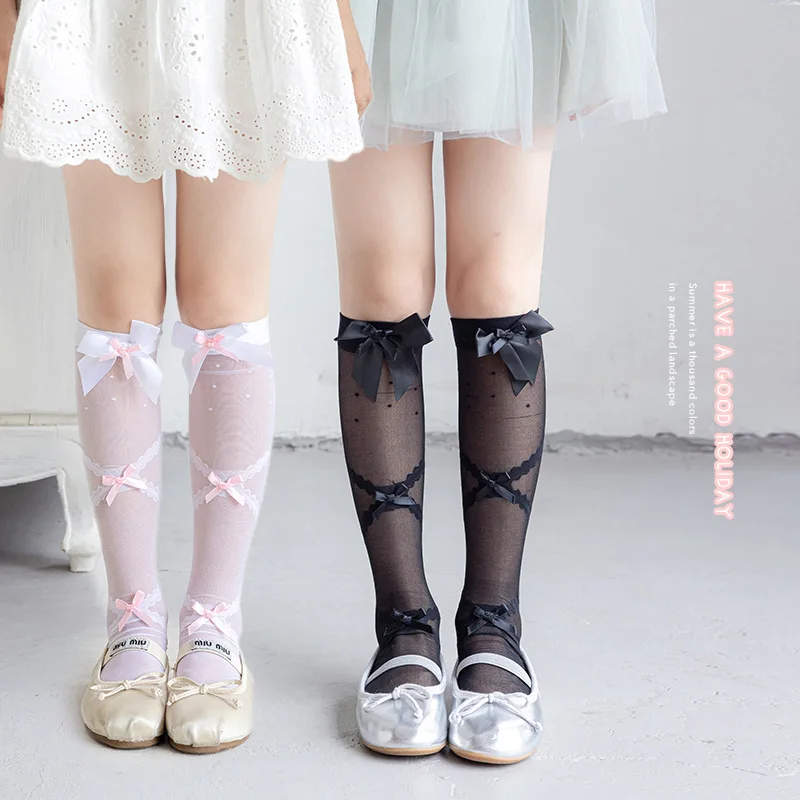 Spring/summer Thin Cross Diamond Ballet Style Long Socks Girl's Lolita Candy Colored Bowknot Calf Socks Large Bow Lace Stockings