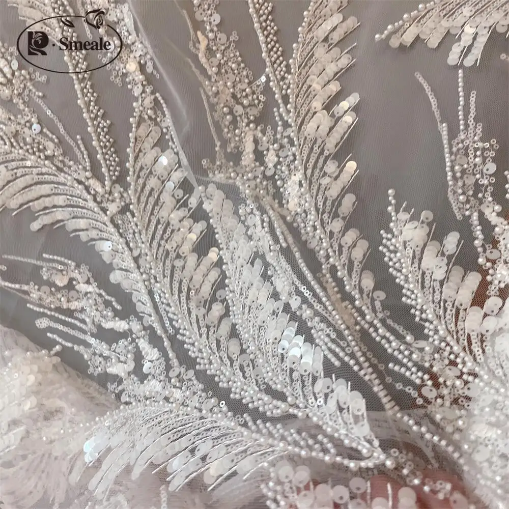 Weißes Fischschwanz-Kleidungs stück, Feder flügel, Perlen Porzellan, DIY Hochzeits kleid Stickerei, Spitzen zubehör, 130x30cm – Detail 5