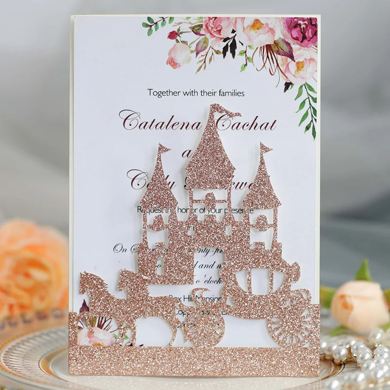 50Pcs Laser Cut Glitter Paper Wedding Invitation Card Cover Castle Carriage Cards Suppliers Valentine's Day Party Decorations