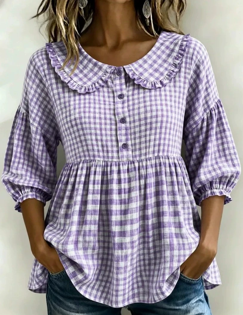 2026 new checkered pattern five quarter sleeve doll collar button up top