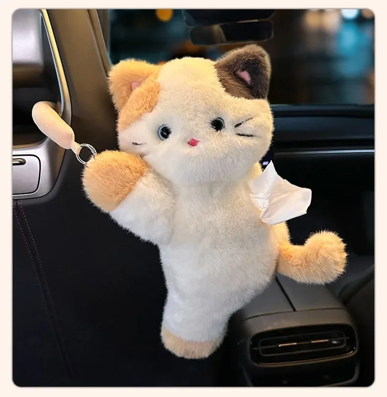 1Pc Cartoon Cat Car Tissue Box Creative Doll Universal Car Hanging Pumping Box Cute Plush Vehicle Tissue Case Paper Hanging Bag