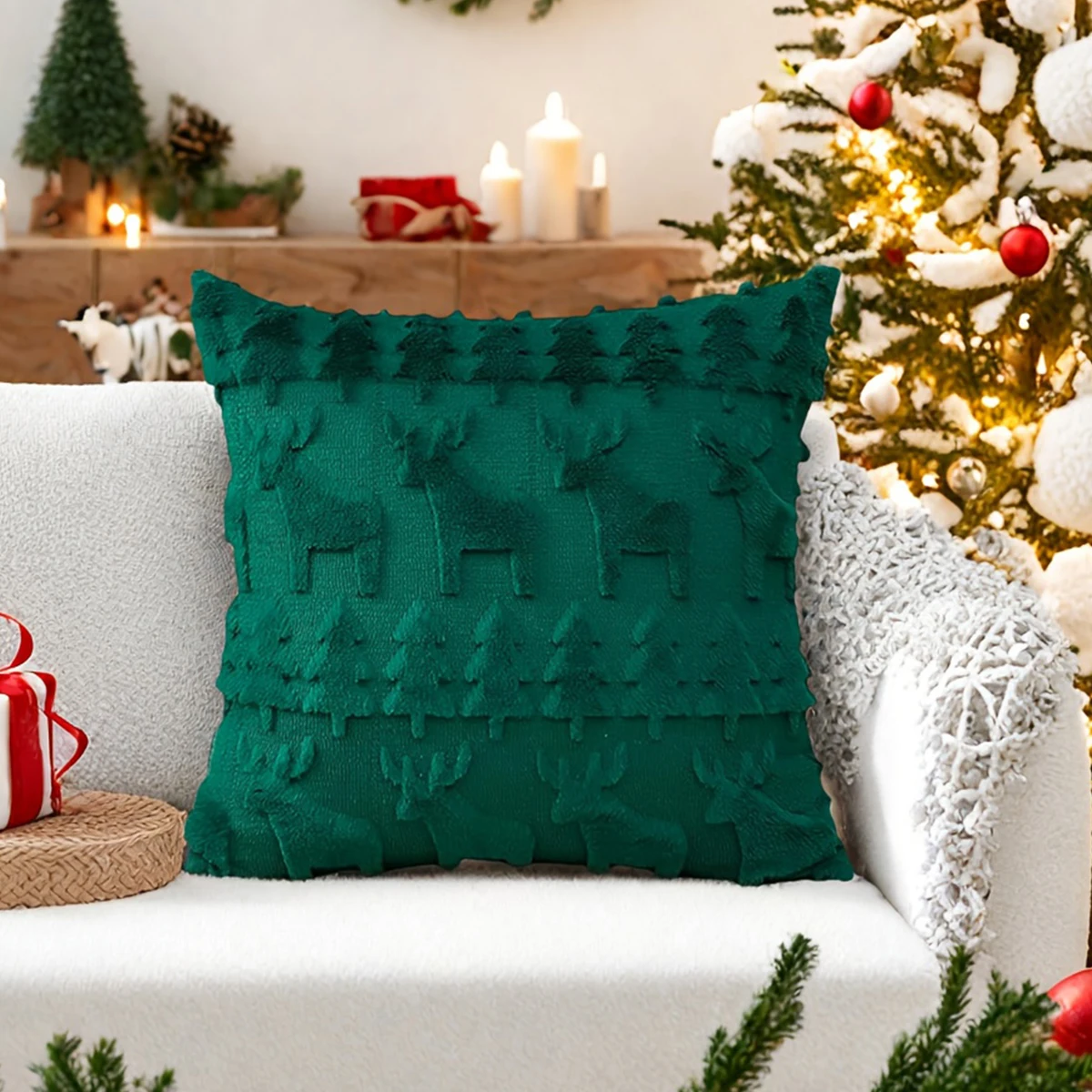 1pc imitation reindeer Christmas tree jacquard pillow cover, 3D soft plush reindeer Christmas tree cushion cover