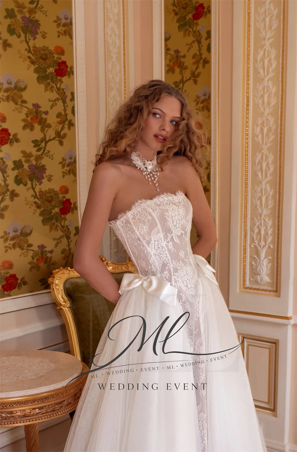 ML Pretty Lace&Tulle Bow Wedding Dresses Puffy Ivory Strapless A-Line Bridal Gown Bride Dress Customized Robe De Mariée