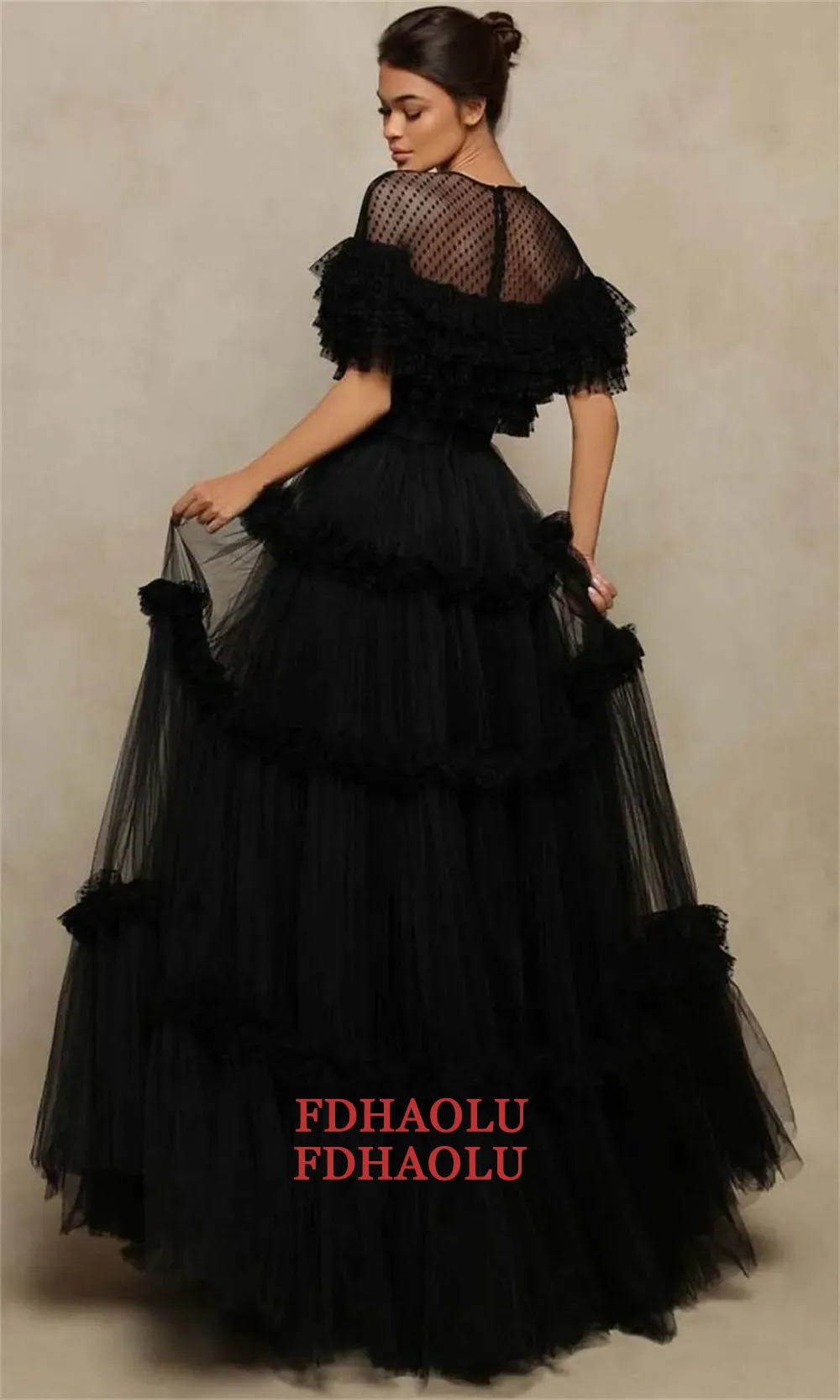 See Throught Black Tulle Ball Gown O-neck Woman Clothes A-line Evening Dresses For Women Ruffled Prom Dress Short Sleeve Gown