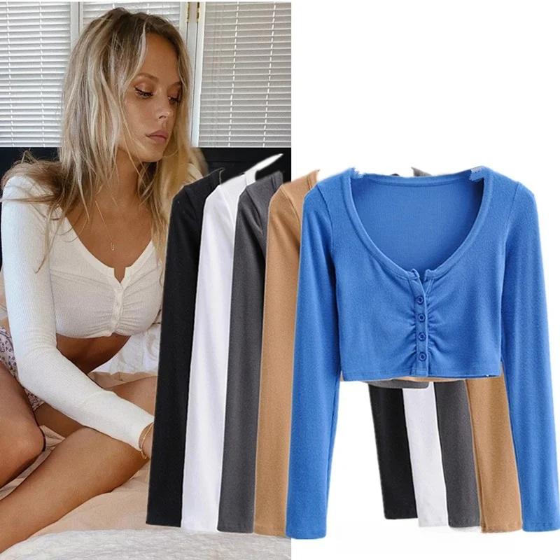 Australian Street Style Women's Cotton T-Shirt Sleeveless Crop Top High Waist Sexy Long Sleeve Short Design V-Neck Retro Thread