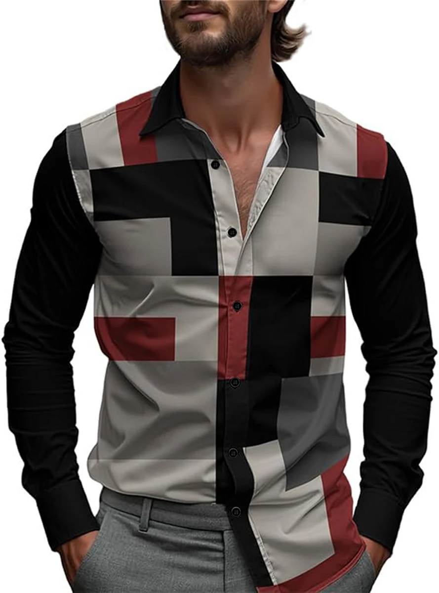 New Men's Shirt Hawaiian Lattice Beach Holiday Long Sleeve Black White Classic Business Shirt Xmas Button Up Shirt Man Designer