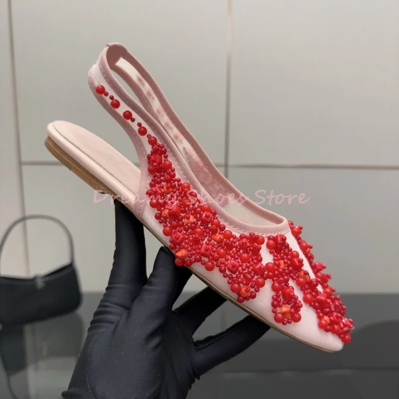 

Pink Mesh String Bead Slingback Flat Sandals Women Hollow Buckle Strap Single Shoes Luxury Sweet Shallow Party Prom Ladies Shoes