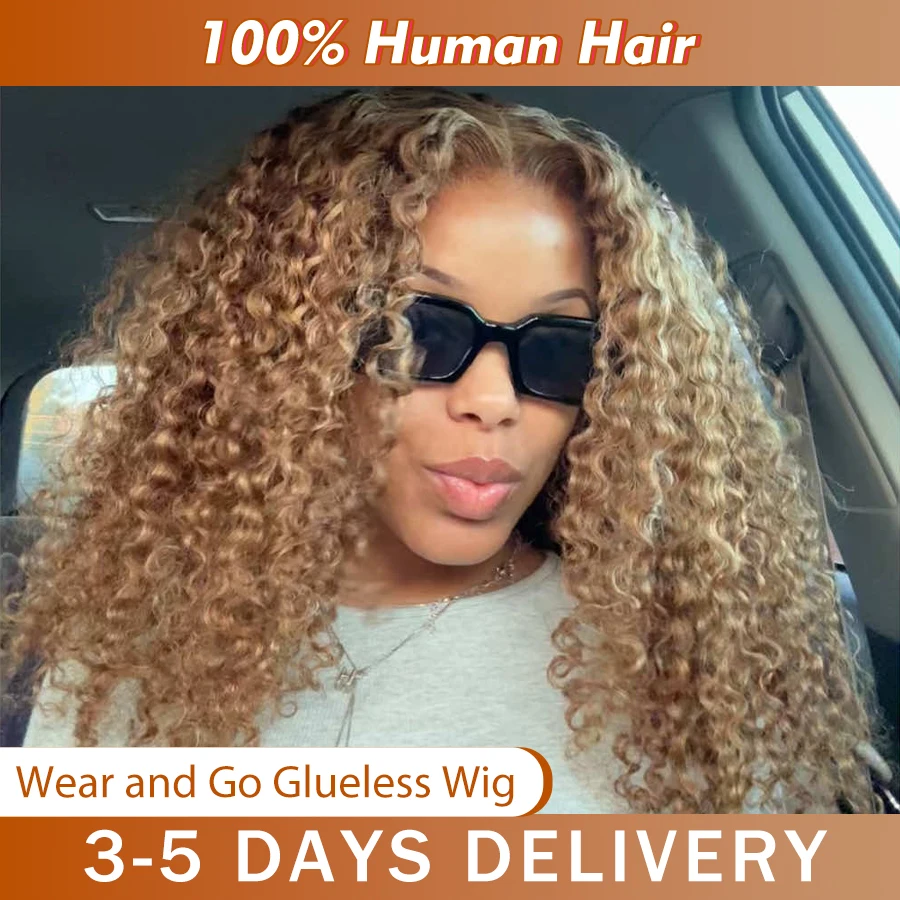 Deep Wave Honey Blonde Glueless Wigs 100% Human Hair Pre Cut Highlight Wear and Go Curly Wigs for Women Ombre HD Lace Front Wig image 2