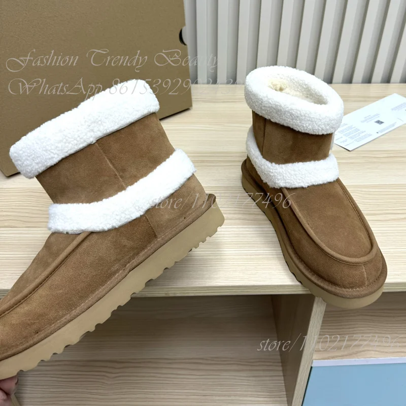 Dark Brown Calf Snow Boots Women White Plush Warm Black Lambswool Real Fur Flats Girls Snow Day Short Sneakers Heightening Shoes