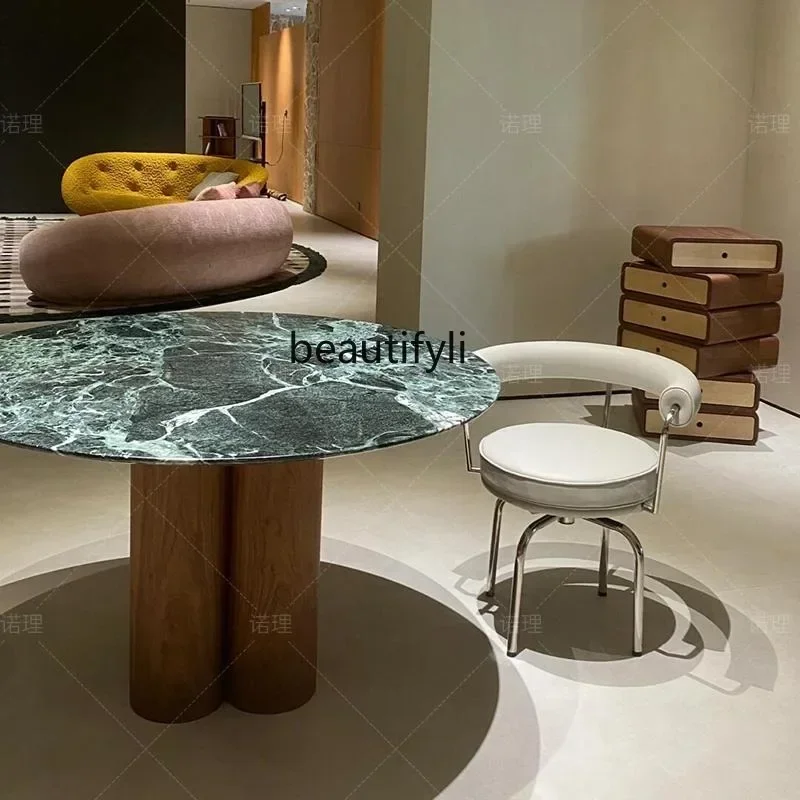 

newFrench antique style large flower green marble designer small apartment luxury stone solid wood round dining table