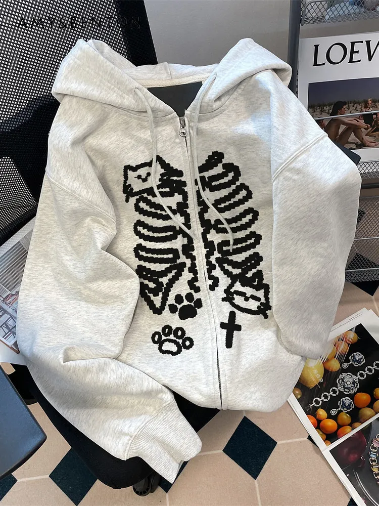 

2025 Autumn and Winter New Subculture Women's Sweet Cute Cartoon Cat Print Gray Loose Casual Daily Hooded Cardigan