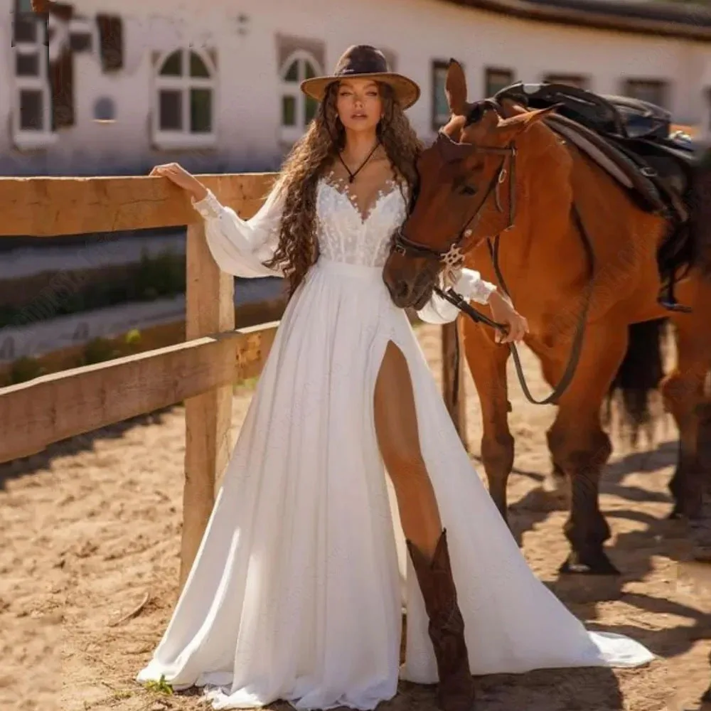 Maßgeschneidertes Chiffon-Hochzeitskleid mit langen Puffärmeln, A-Linie, Schnürung, Boho-Stil, O-Ausschnitt und Schlitz