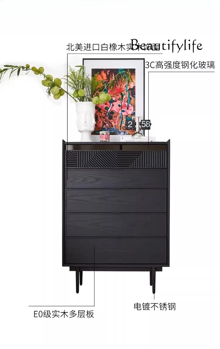 

Minimalist medieval dining side cabinet chest black solid wood striped drawer storage corner cabinet bedroom