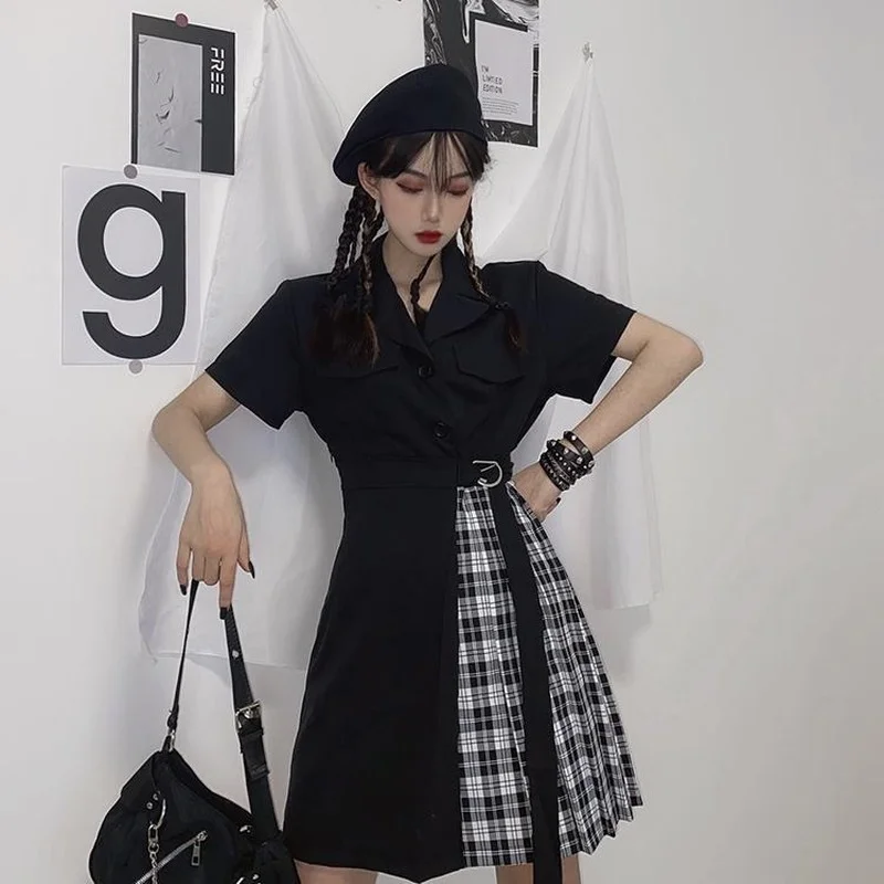 Irregular Dresses Women High Street Dark Fashion Ulzzang Chic All-match Mini Asymmetrical Summer Schoolgirls Black Stylish Young