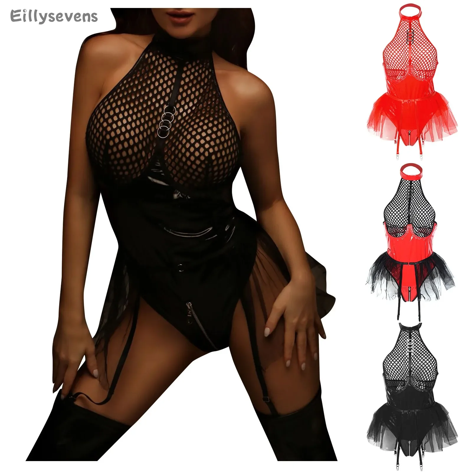 women Erotic Lingerie fishnets top Fun Lingerie Sexy  Zipper Mesh Panel Lacquer Leather Lingerie Charm Set corset bragas sexys