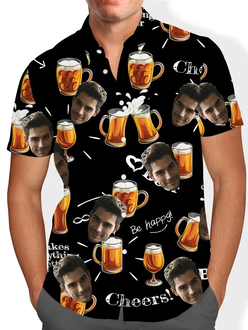 

Custom Face Beer Print Hawaiian Shirts Personalized Photo 'I Love Beer' Short Sleeve Button Down Casual Shirt for Beer Lovers