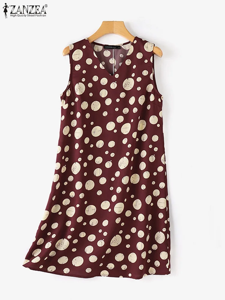 2024 Summer Polka Dot Vestidos ZANZEA Women v-neck Knee Dress Casual allentato senza maniche Tank Robe Fashion coreano Vacation Sundress