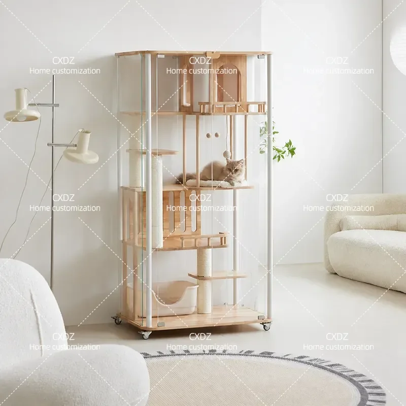 Li House Luxury  Villa 360 Panoramic Tempered Glass Ultra White Glass  Nest Movable Indoor  Cage Cat House