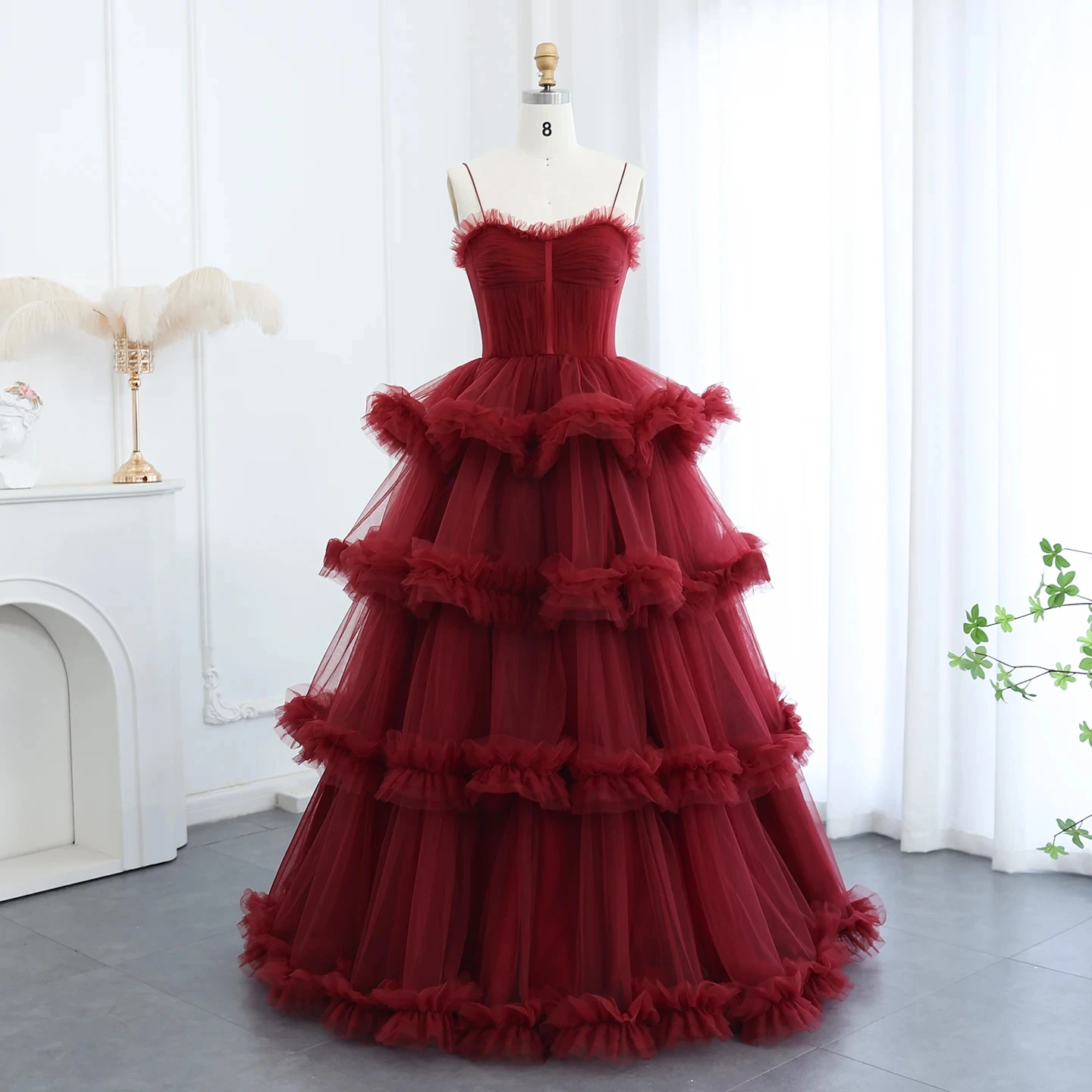 Arabic Burgundy Tulle Tiered Ruffles Evening Dresses with Gloves Pink Spaghetti Straps Wedding Party Gowns SF049