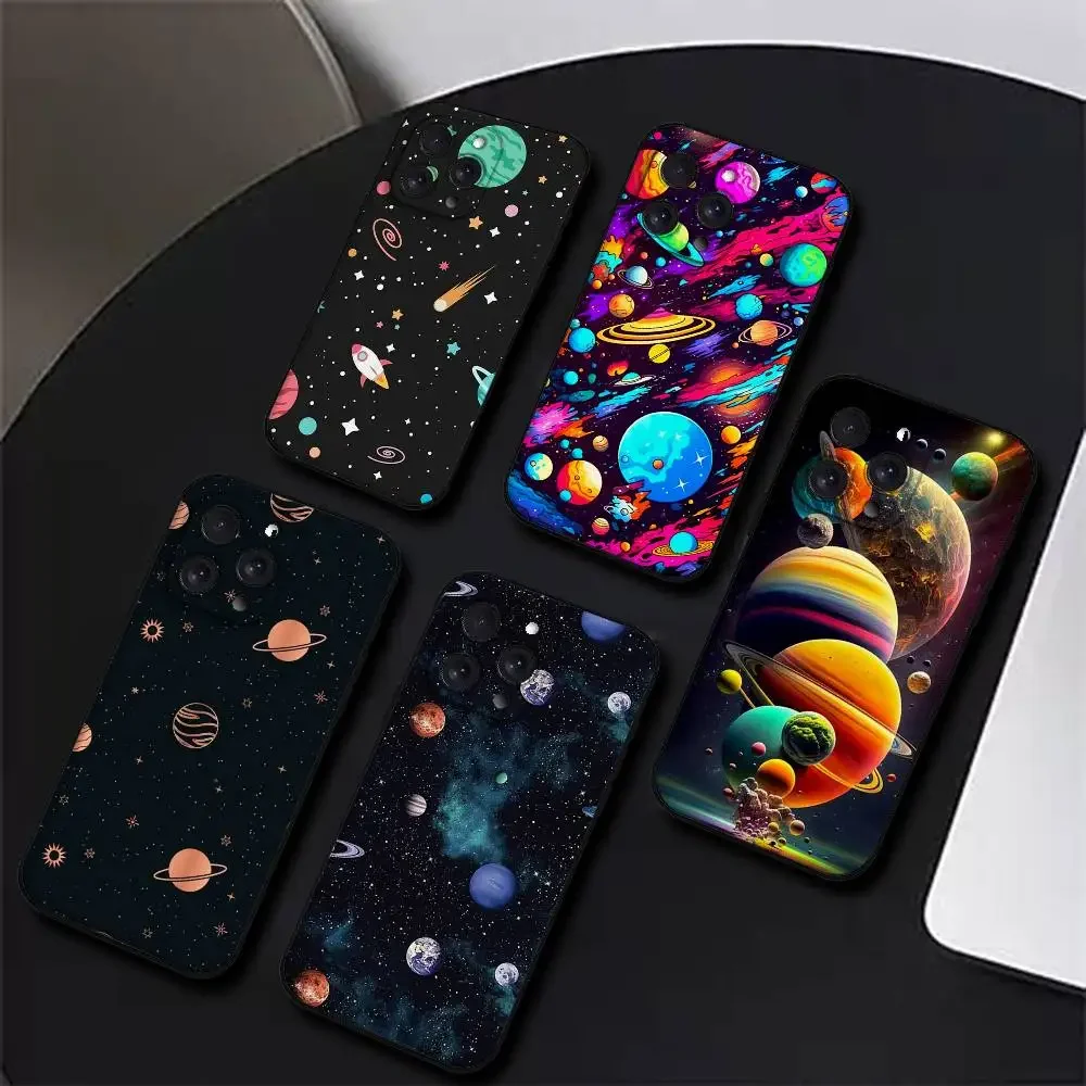 Cartoon-Planeten-Handyhülle für iPhone 17, 16, 15, 14, 13, 12, 11 Plus, Pro, Max, XR, XS, X, 7, 8 Plus, Mini Schwarzes Silikon Weich